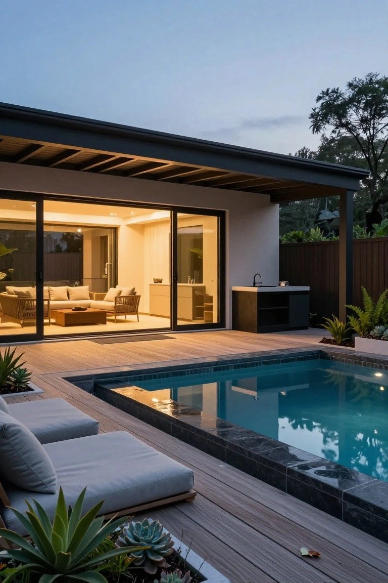 Modern house at dusk with open sliding glass doors showing indoor seating area, wooden deck extending to a rectangular pool with black tile edge, two loungers, outdoor sink counter, and potted plants.