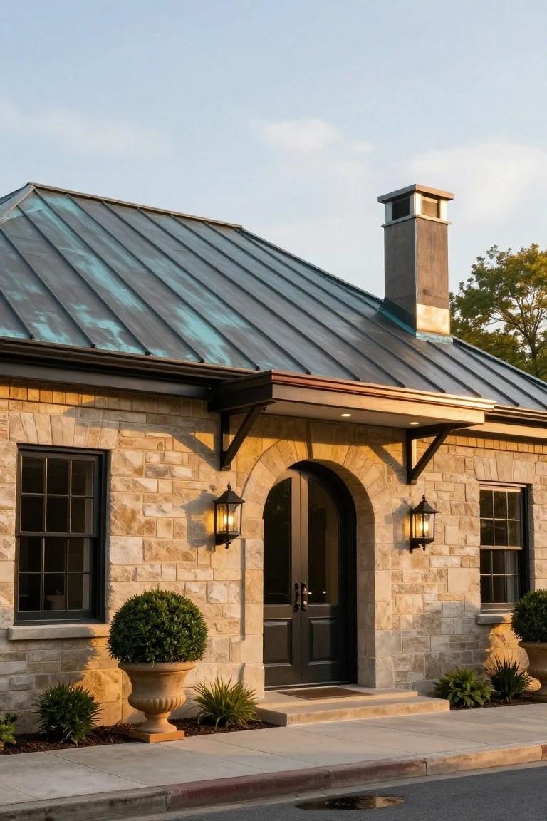 Front view of a small one-story stone house with green patina standing seam metal roof, arched black double door entryway with lanterns, flanked by potted boxwood shrubs, and concrete sidewalk.