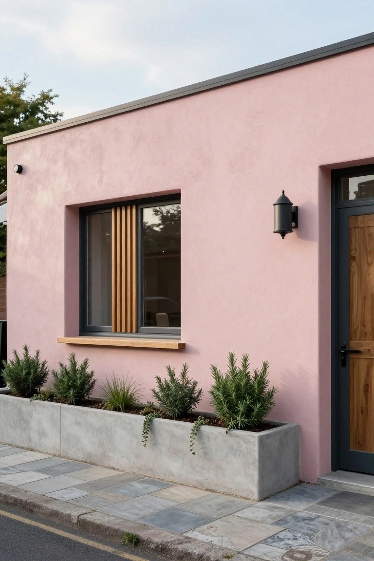 Pink rendered house exterior wall with a slim window featuring vertical wooden slats and oak sill, wooden front door, black lantern light, concrete planters filled with rosemary bushes, and gray stone paving along a street edge.