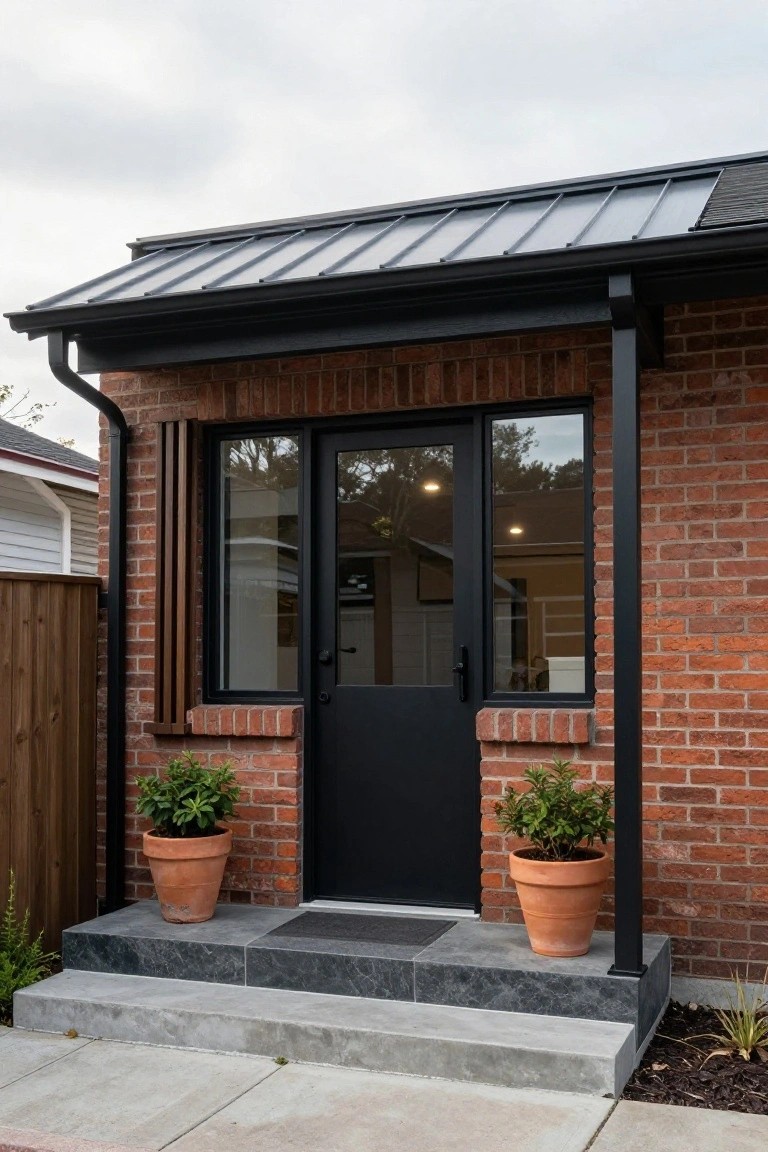 Brick house entryway with black metal awning, black front door and sidelight window, wooden shutters beside the window, terracotta pots with plants flanking slate steps leading to a concrete landing.