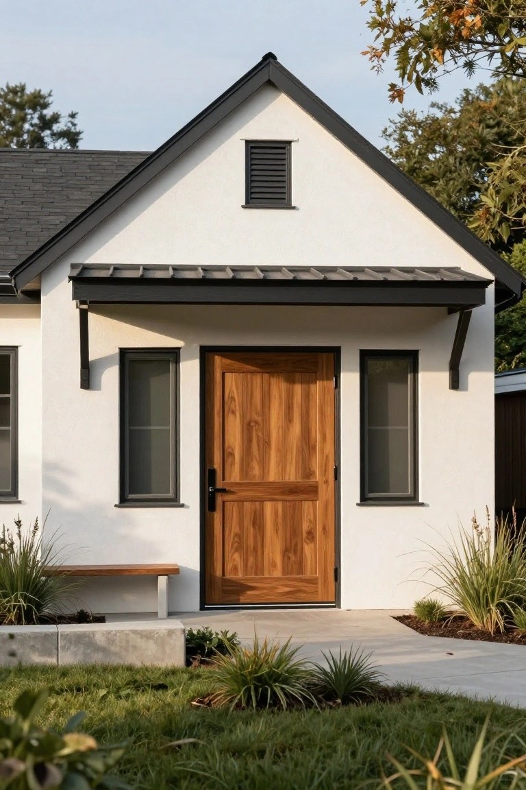 Front exterior of a white stucco house with gabled roof, black-trimmed metal awning over a paneled wooden door, flanked by narrow windows, a built-in bench, and low plants along a concrete path.