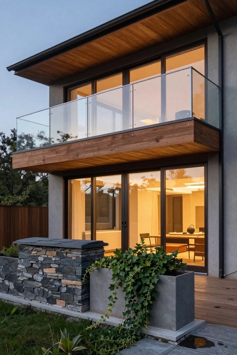 Modern two-story house exterior with cantilevered wooden balcony and overhang, glass railings and large sliding doors, concrete walls, wooden deck, stone wall planter with ivy, and surrounding grass and trees at dusk.