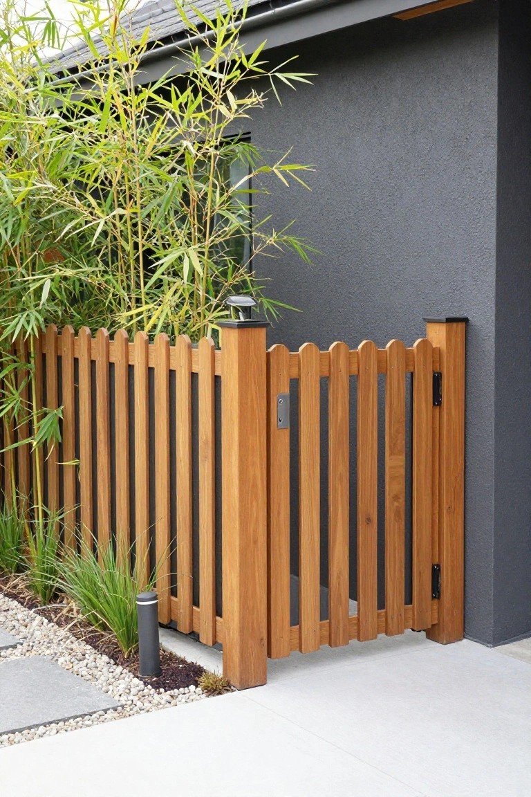 Wooden scalloped-top picket gate and fence with dark-stained vertical slats next to a dark gray stucco house wall, surrounded by tall bamboo plants, low grasses, pebbles, and a gray cylindrical bollard light on a concrete path.