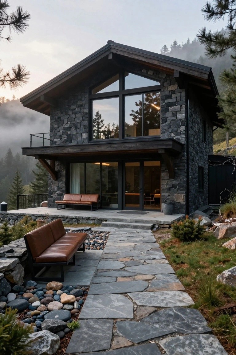 Modern two-story cabin with dark stone veneer exterior, large triangular glass window, wooden deck with leather benches, stone pathway, and surrounding pine trees and mist in a mountain setting.