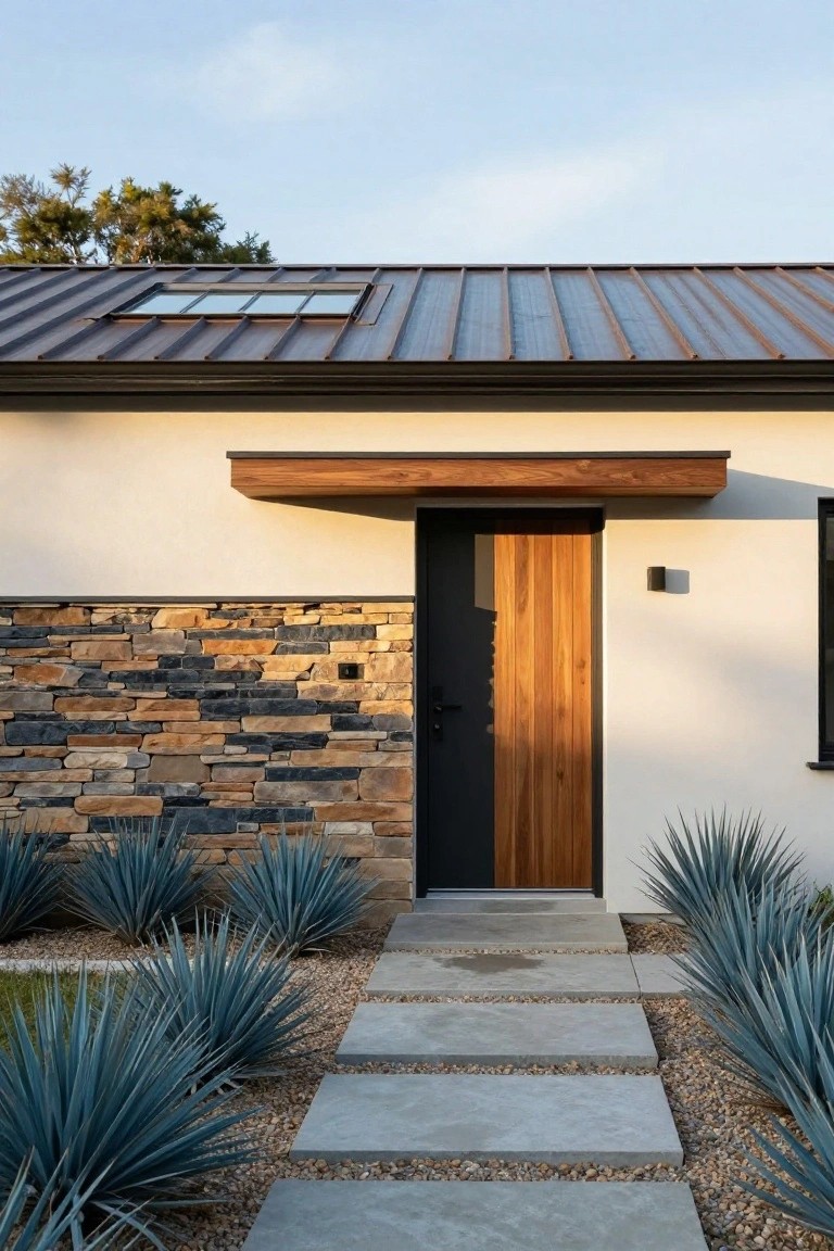 Modern house exterior with white stucco walls, a black-framed dark wood front door under a wood canopy, adjacent textured stone veneer wall in mixed brown and gray tones, concrete steps, gravel mulch, and clusters of blue agave plants.