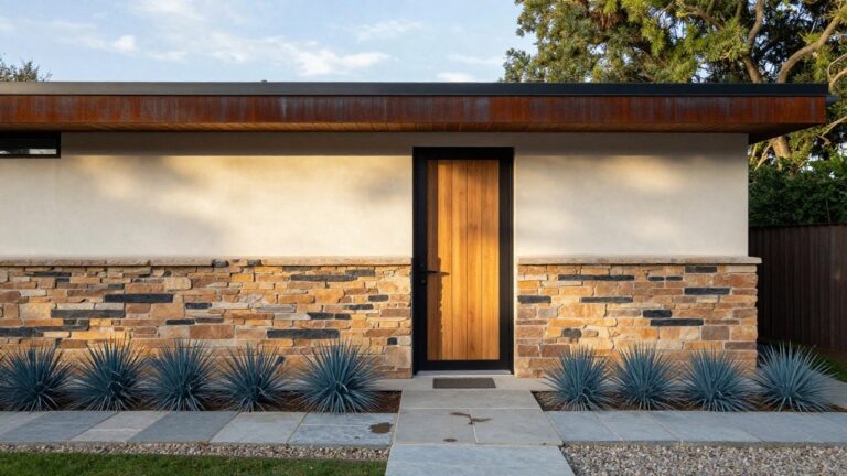 Modern house exterior with white stucco walls, a black-framed dark wood front door under a wood canopy, adjacent textured stone veneer wall in mixed brown and gray tones, concrete steps, gravel mulch, and clusters of blue agave plants.