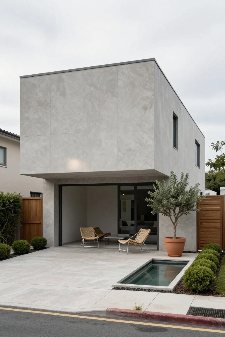Modern boxy two-story house with light gray textured stone veneer exterior, open carport area containing two woven chairs on a white tiled floor, small rectangular in-ground pool, potted olive tree in terracotta pot, wooden fences, and low shrubs along a paved driveway next to a street.