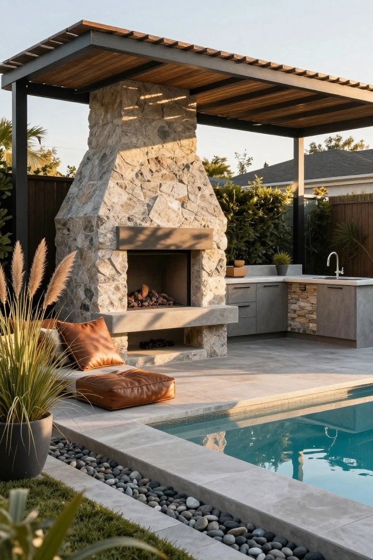 Outdoor living area with tall stacked stone veneer fireplace, built-in gray kitchen cabinets and sink, orange cushions on concrete seating, potted plants, pebble edging, and adjacent turquoise swimming pool under wooden pergola.