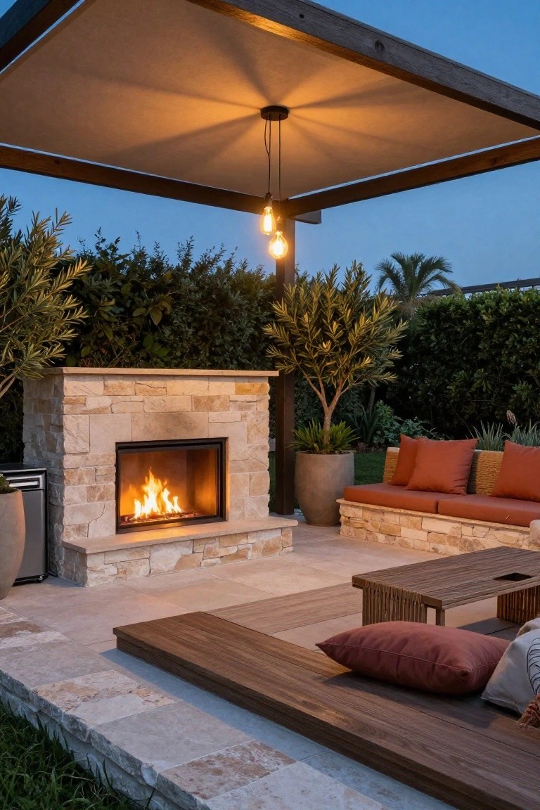Outdoor patio at dusk with a built-in beige stone veneer fireplace burning brightly, orange cushions on stone benches, wooden pergola overhead with hanging bulb lights, potted olive tree, and surrounding hedges and pavers.