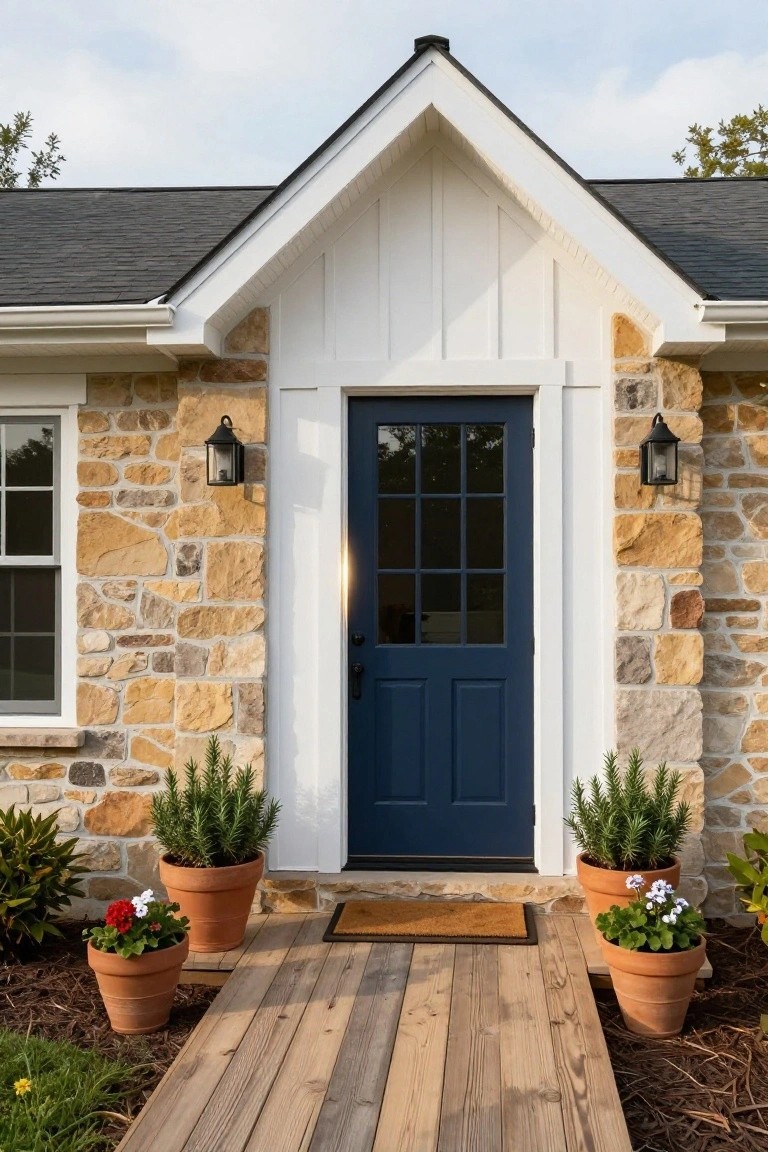 Front view of a house entrance with tan and beige irregular stone veneer walls, white gabled wooden trim, navy blue paneled door with glass window, black lanterns, potted rosemary and geraniums, and wooden plank pathway.