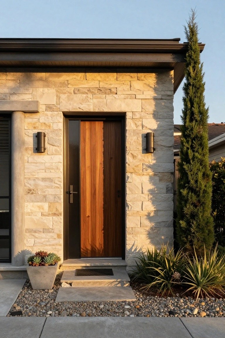 Modern house entry with light beige stone veneer walls, dark vertical-grain wooden door in black metal frame, black cylindrical wall sconces, concrete steps, potted succulents, agave plants, gravel mulch, and tall cypress tree nearby.