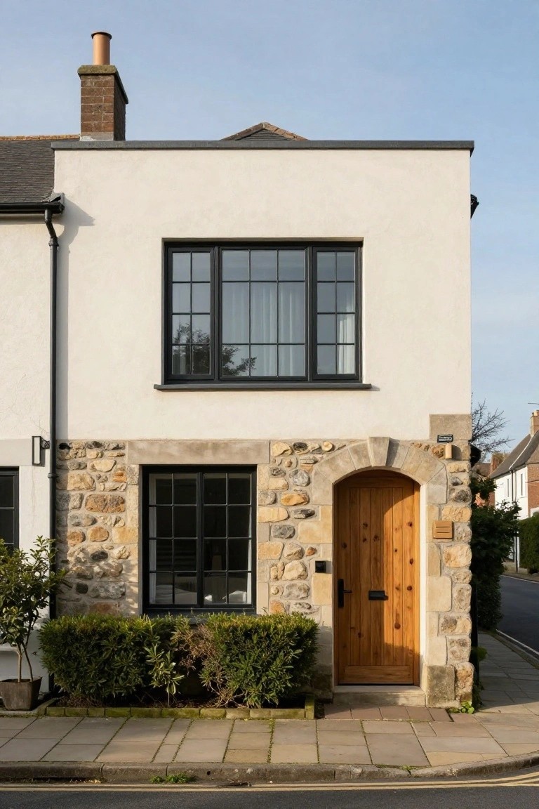 White plaster house exterior with black-framed windows, stone veneer around an arched wooden entry door, boxwood shrubs, and a paved sidewalk.