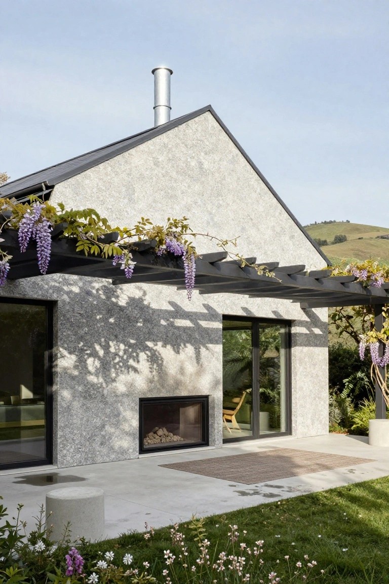 Gray textured stone veneer house exterior with gabled black metal roof, black pergola covered in purple wisteria vines and flowers, large glass doors revealing indoor fireplace, concrete patio with rug and stool, and surrounding green lawn and plants.