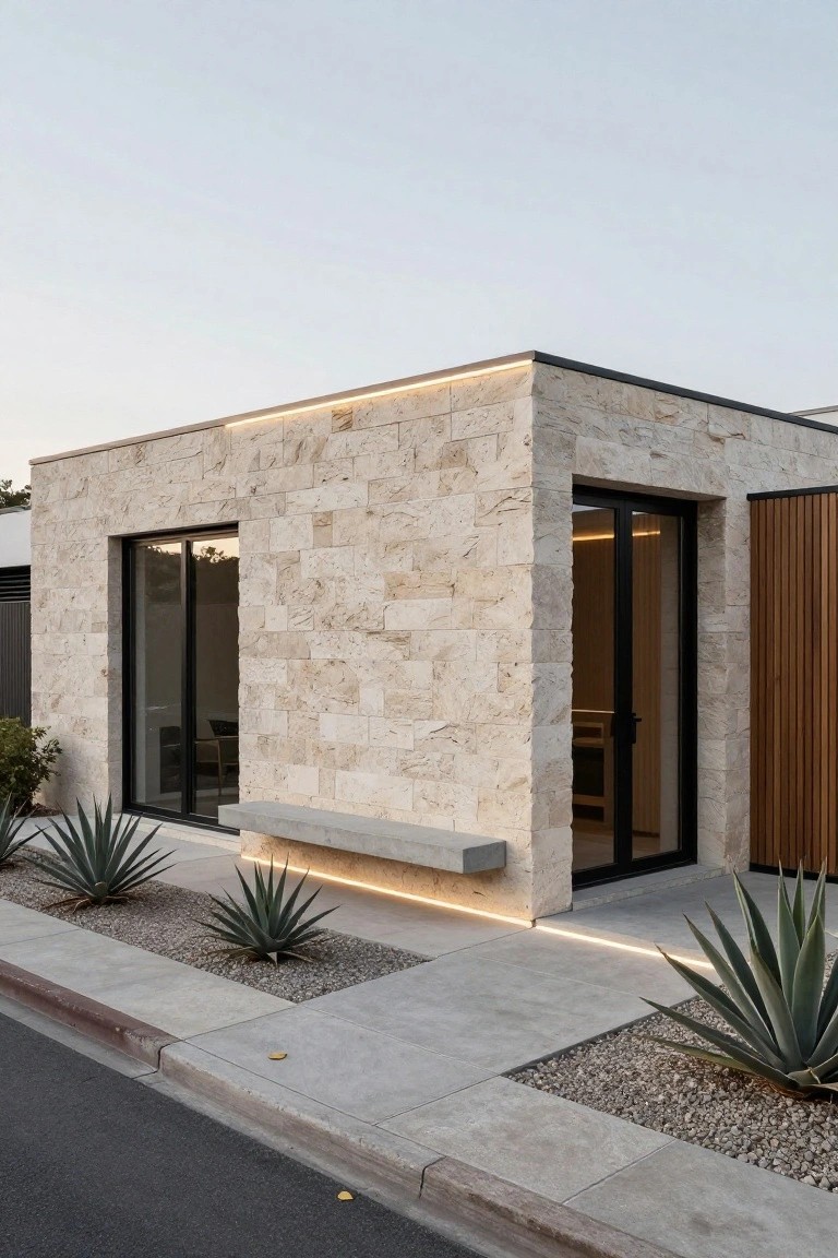 Corner view of a modern house exterior with beige stone veneer walls, black-framed glass doors and windows, concrete bench, agave plants in gravel beds along a concrete path, LED strip lights, and adjacent wood-clad section by a street.
