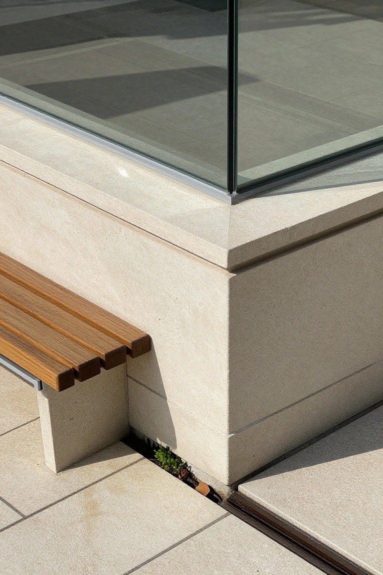 Close-up view of a slatted wooden bench mounted on a beige stone plinth against a matching stone veneer wall, adjacent to a glass balustrade and stone-paved terrace with a small green plant in a joint.