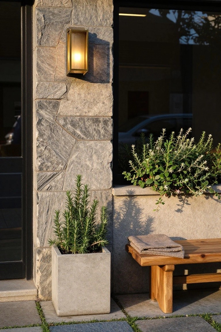 Gray textured stone veneer wall beside black-framed glass door and window, with brass wall lantern, potted rosemary plant, window box of white-flowering shrubs, and wooden bench on paved patio.