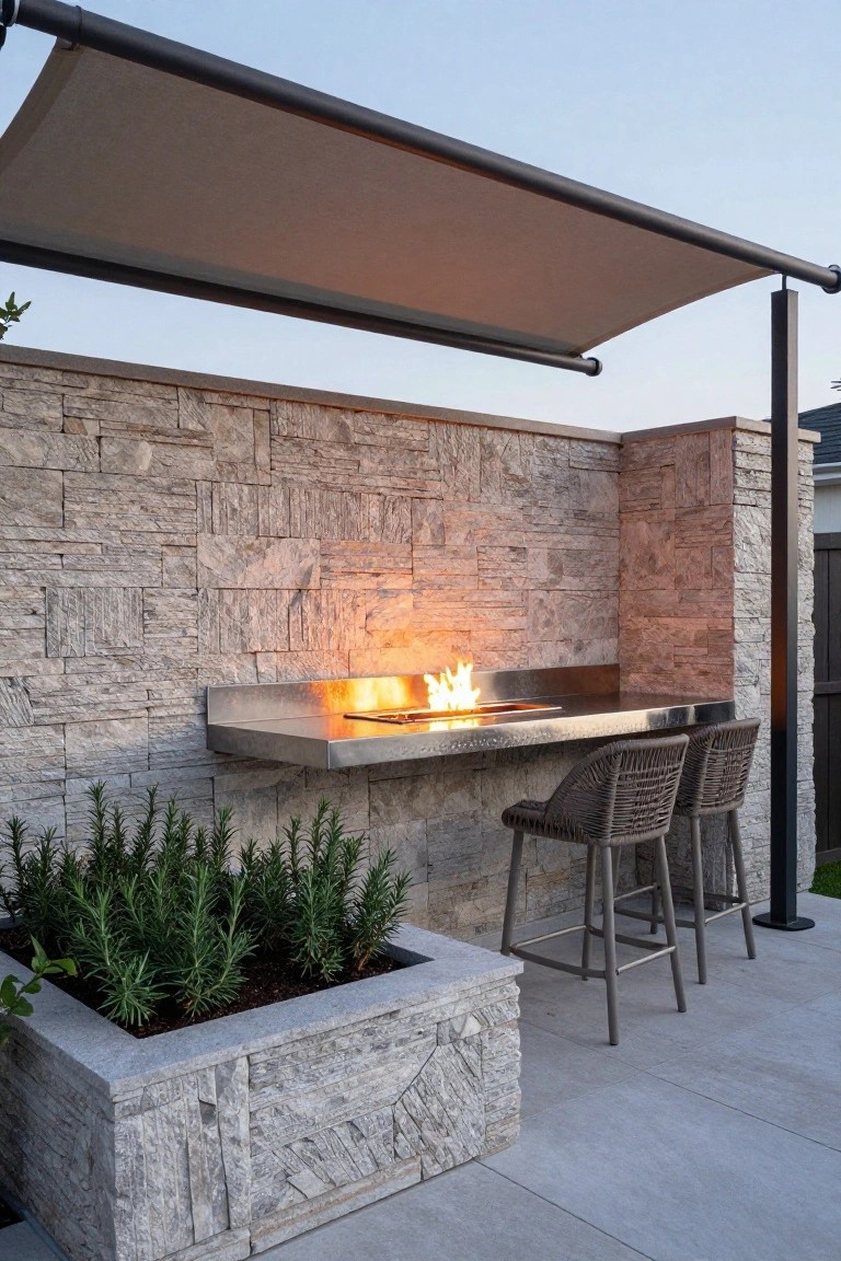 Outdoor patio with beige fabric shade sail overhead, stone veneer wall enclosing a stainless steel bar counter containing a lit linear fire pit, two woven rattan bar stools, and a stone planter box filled with rosemary plants.