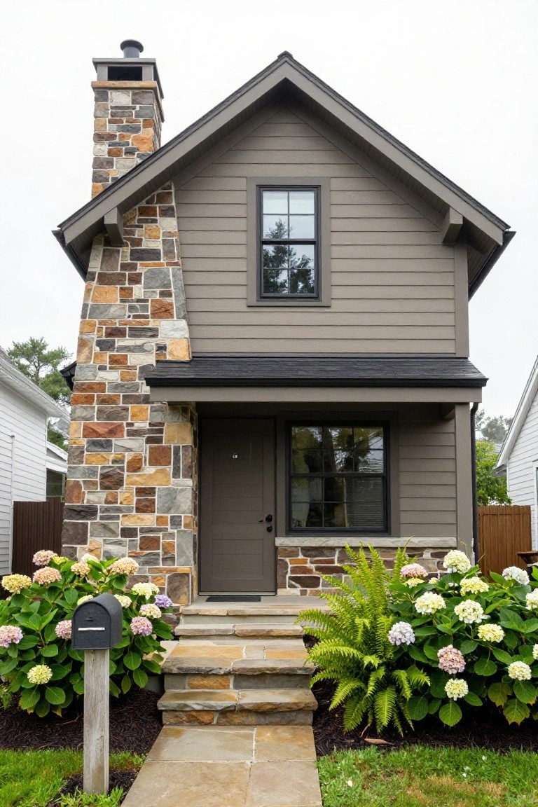 Front view of a gray shingled house with a tall multicolored stacked stone chimney, stone veneer accents around the entry door and porch foundation, steps leading to the dark door, and hydrangea shrubs with a mailbox in the yard.