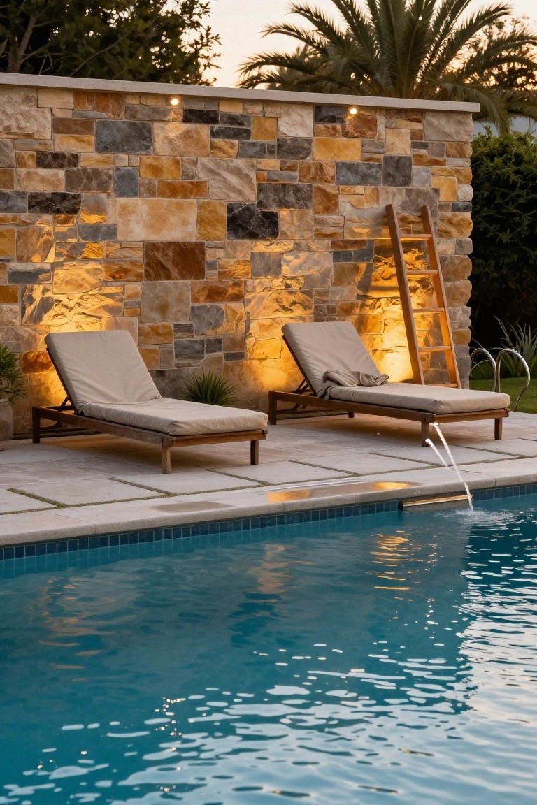 Textured multi-toned stone veneer wall with uplighting behind two beige lounge chairs on a tiled deck next to an infinity-edge swimming pool at dusk, wooden ladder leaning on wall.