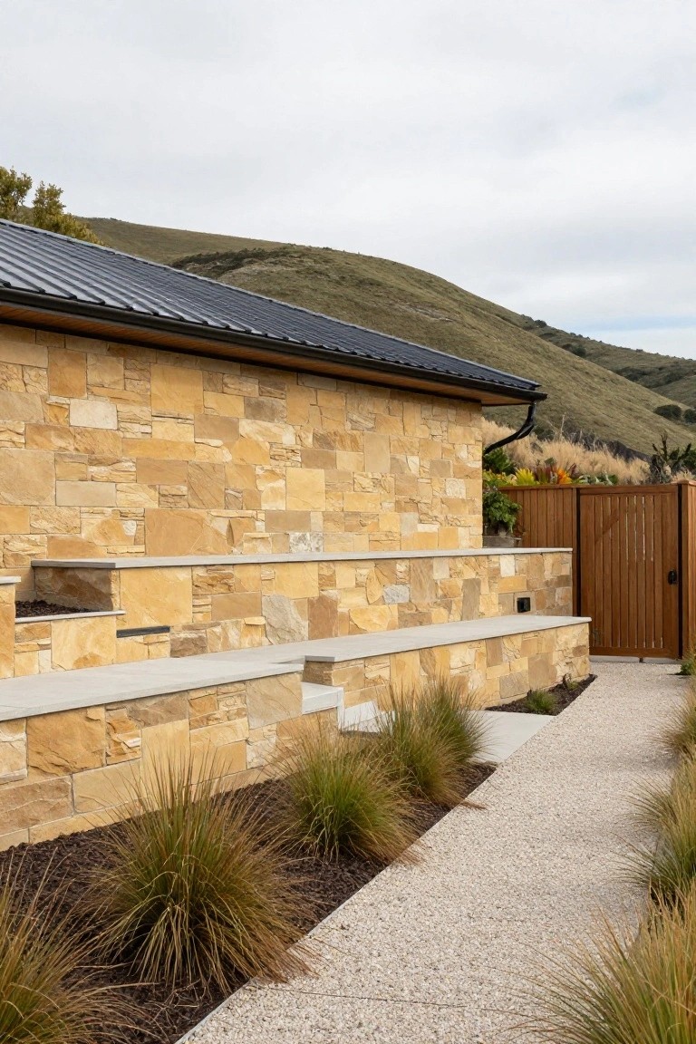 Side exterior of a modern house with beige irregular stone veneer walls under a black metal roof, concrete steps and ledge with built-in fire feature, wooden gate, gravel path edged by ornamental grasses, and rolling hills in the background.