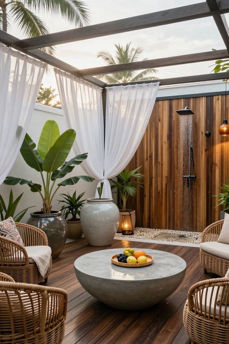 Outdoor terrace with rattan lounge chairs around a round concrete table holding fruit, potted tropical plants, large ceramic pots, sheer white curtains, wooden shower enclosure with water running from overhead showerhead, under open wooden pergola structure and palm trees.