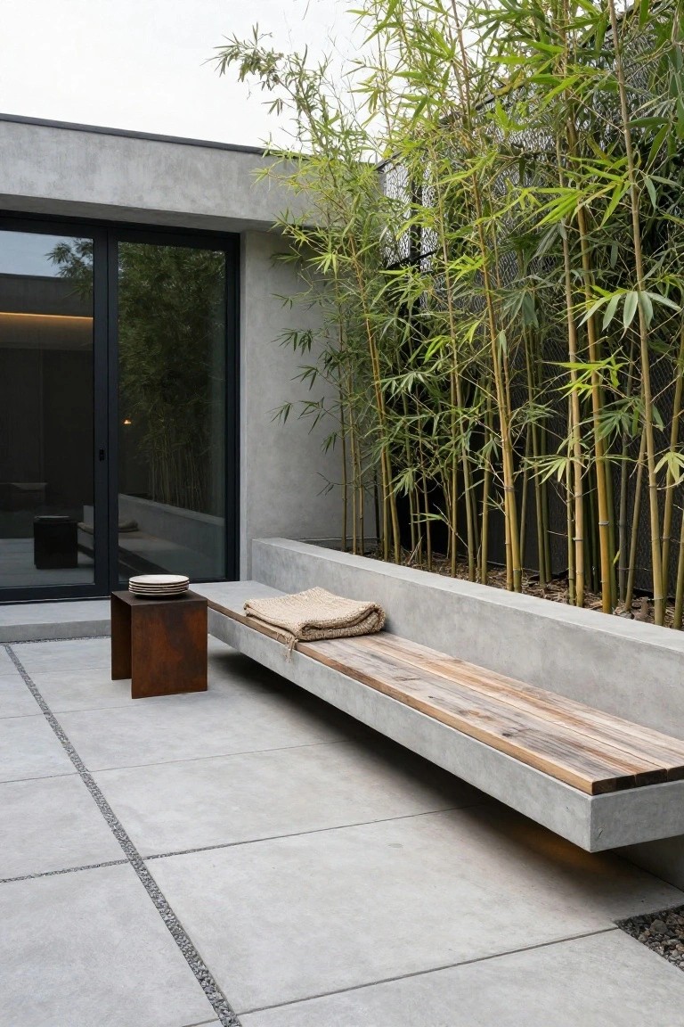 Modern terrace with light gray concrete pavers, long low concrete bench topped with weathered wood and a beige blanket, small rusted metal stool table holding stacked white plates, tall green bamboo in raised concrete bed, next to gray house wall with black-framed glass sliding door.