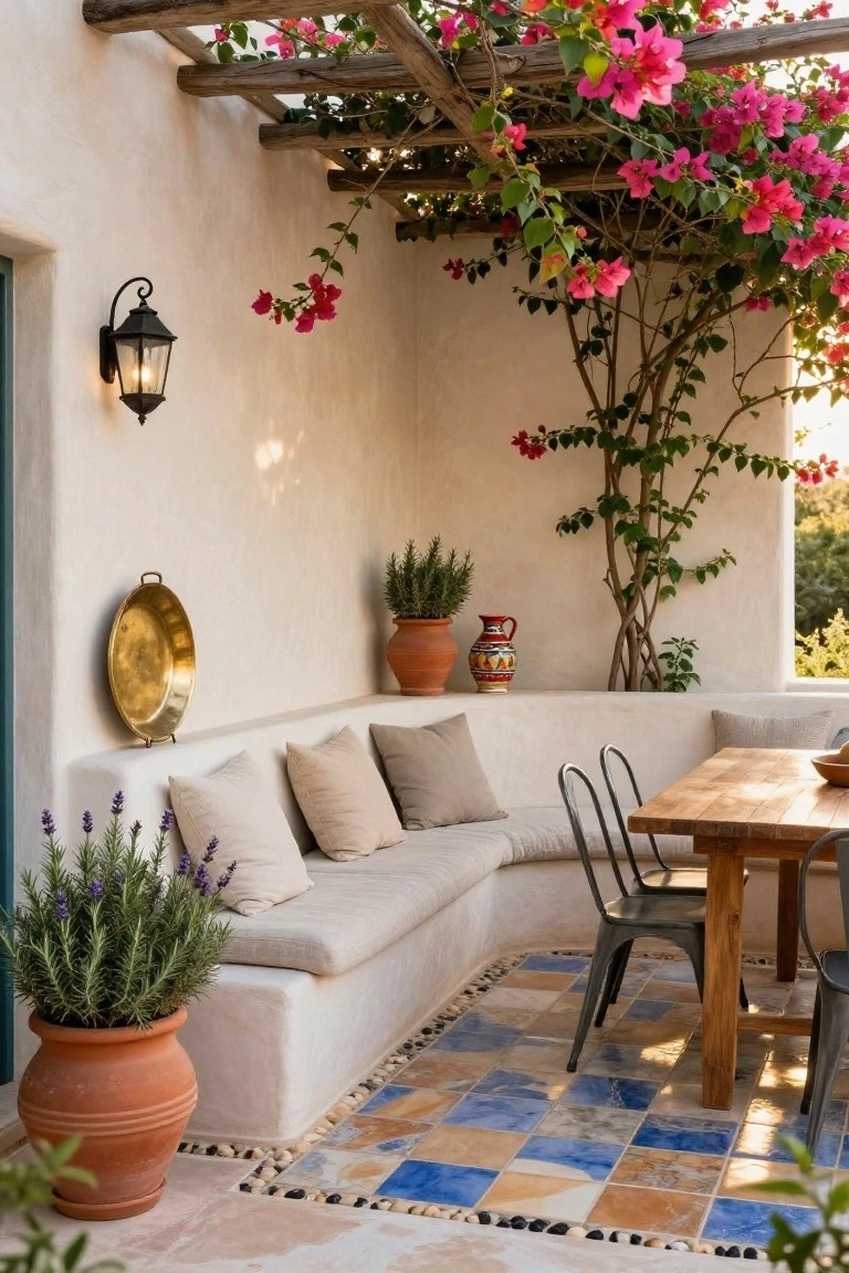 Terrace corner with beige built-in bench cushions, wooden dining table, metal chairs, white stucco walls, bougainvillea-covered pergola, terracotta pots, and blue-and-terracotta tiled floor edged in pebbles.