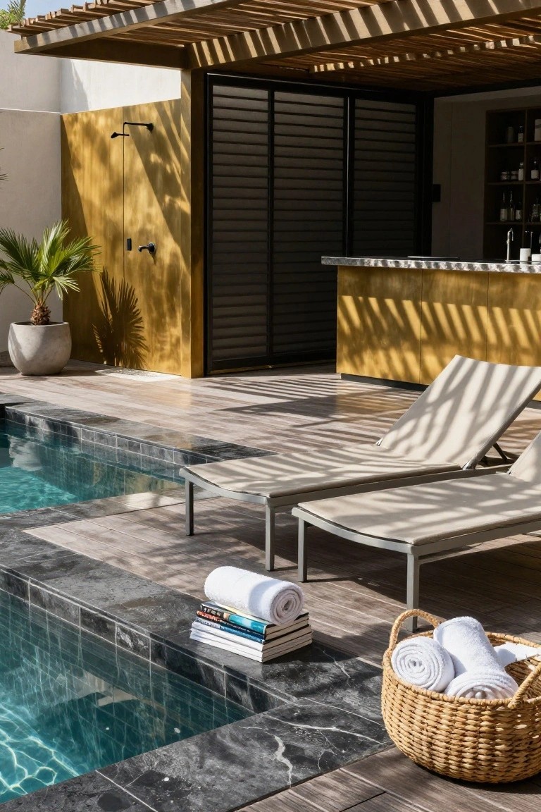 Outdoor terrace with a narrow rectangular pool edged in black tiles, two beige loungers positioned next to the pool, stacks of white towels on the deck, a wicker basket holding more towels, an outdoor shower on a gold-colored wall, a bar counter, potted palm plant, and wooden slat pergola overhead.