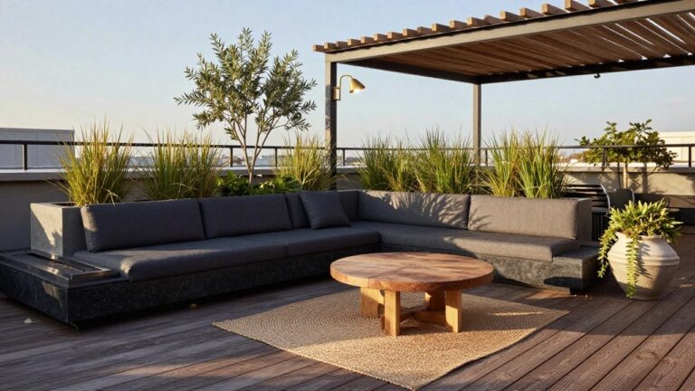 Rooftop terrace deck with black L-shaped sectional sofa facing a linear in-ground fire pit, wooden round table holding a potted plant, seagrass rug, wicker pouf, grasses and olive tree along railing, wooden pergola overhead, and city skyline in background.