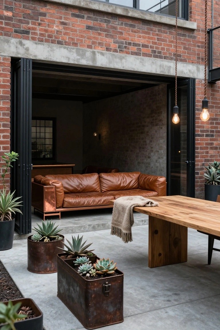 Outdoor terrace area featuring a large wooden dining table with a throw blanket, potted succulents in rusted metal containers, and black folding doors fully open to an interior living space with a copper-trimmed brown leather sofa against a brick wall.