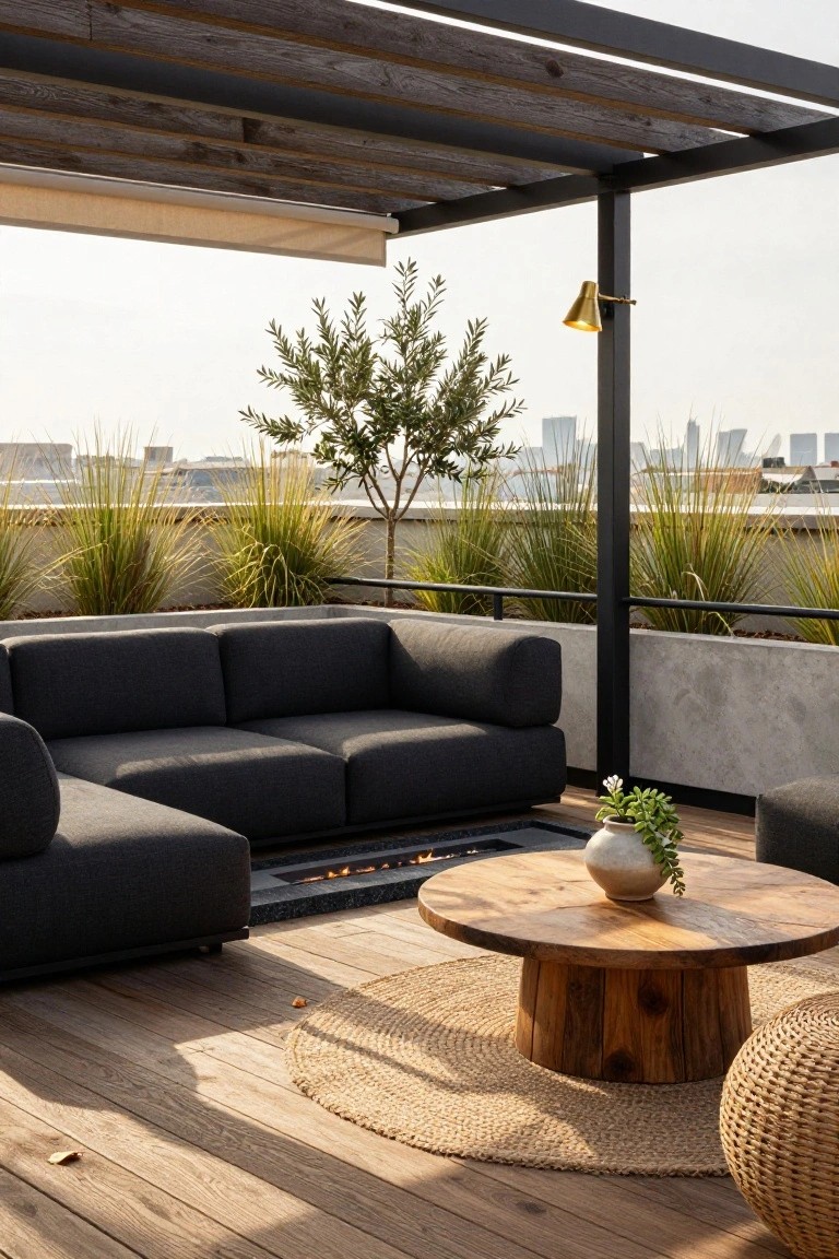 Rooftop terrace deck with black L-shaped sectional sofa facing a linear in-ground fire pit, wooden round table holding a potted plant, seagrass rug, wicker pouf, grasses and olive tree along railing, wooden pergola overhead, and city skyline in background.