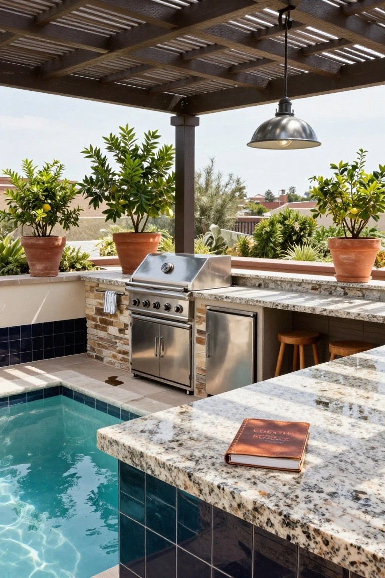 Rooftop terrace with built-in stainless steel gas grill and refrigerator under a granite countertop bar extending over a turquoise pool edge, wood barstools, potted citrus plants, and wooden pergola overhead.