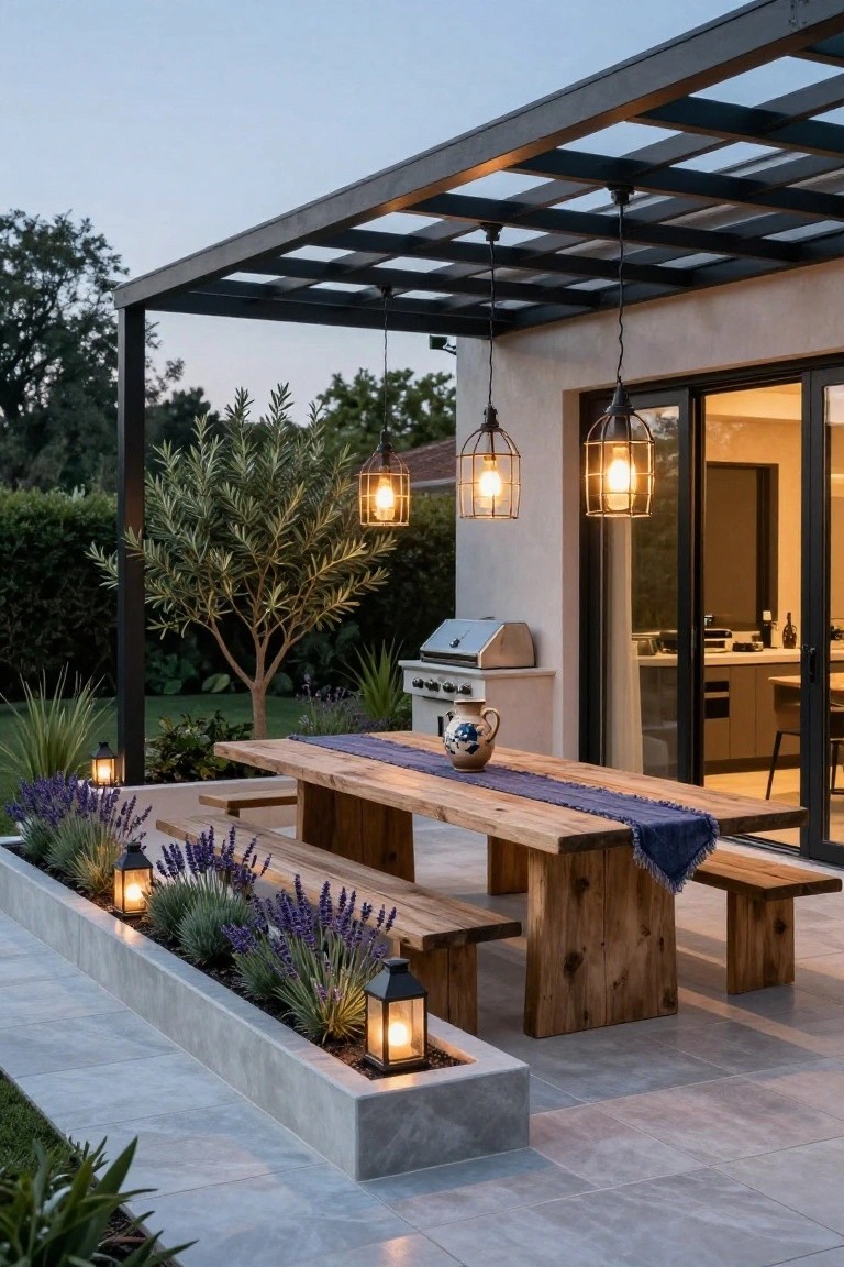 Modern outdoor terrace under black metal pergola with hanging lantern lights, wooden dining table and benches, lavender-filled concrete planters edged with lanterns, stainless steel BBQ grill, olive tree, hedges, and glass sliding doors to beige stucco house with kitchen visible.