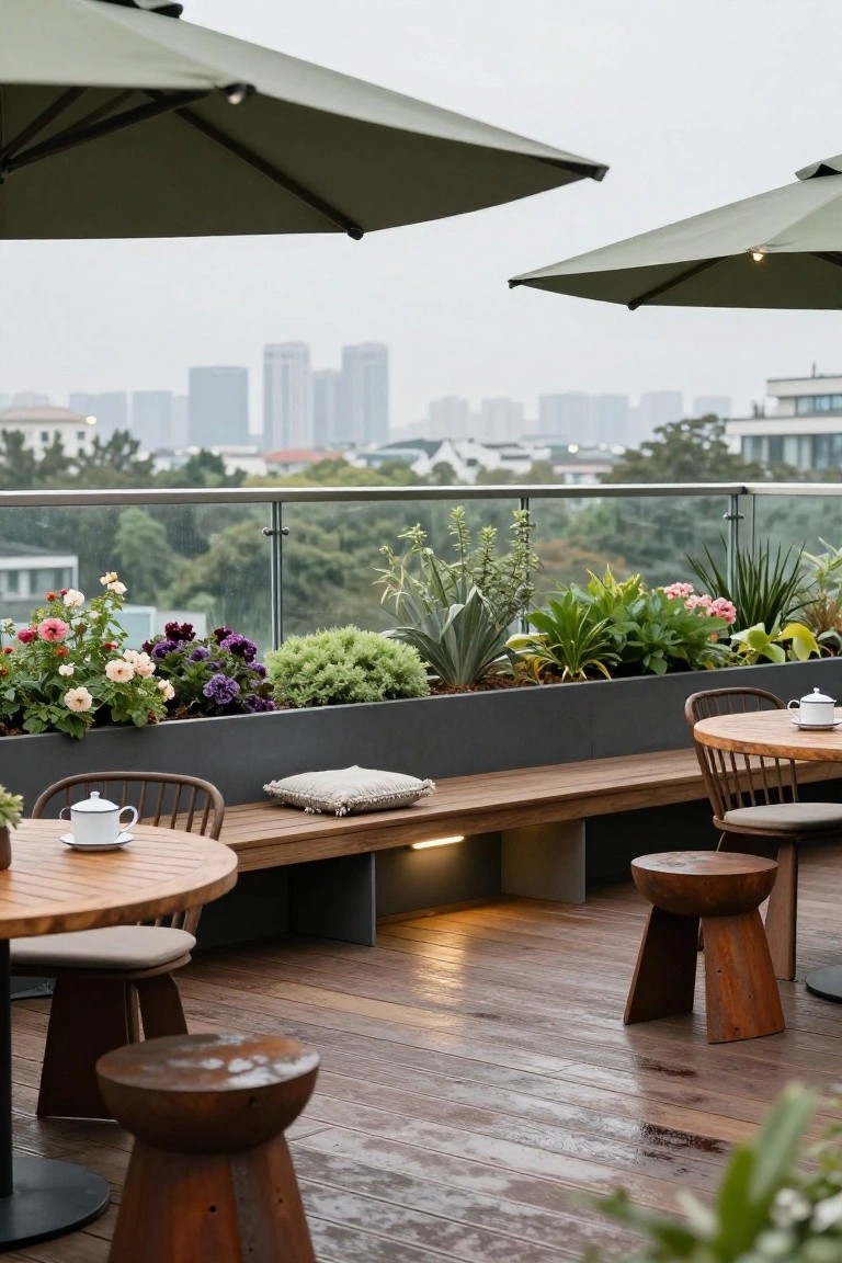 Rooftop terrace with wooden round tables, chairs, stools, built-in benches, integrated rectangular planters filled with flowers, succulents, and greenery along a glass railing, green umbrellas overhead, and a misty city skyline in the background.