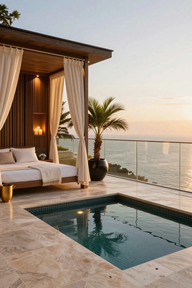 Rooftop terrace with wooden pavilion featuring vertical slats, white draped curtains around a white bed with pillows and throw, potted palm tree, lit candles, gold bucket, small rectangular green mosaic plunge pool, glass balustrade, and ocean horizon at sunset.