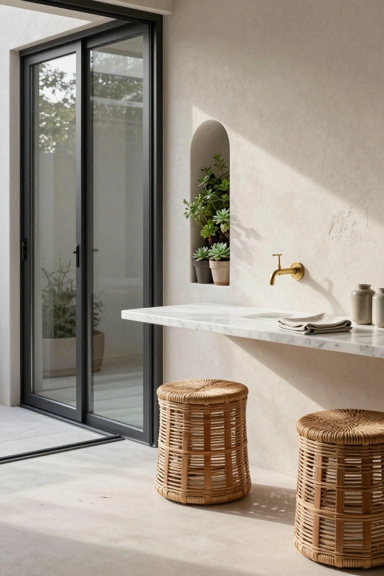 Open sliding glass doors on a terrace next to a beige stucco wall with an arched niche holding potted plants, a white marble countertop with gold faucet and folded towel, and two woven rattan stools underneath.