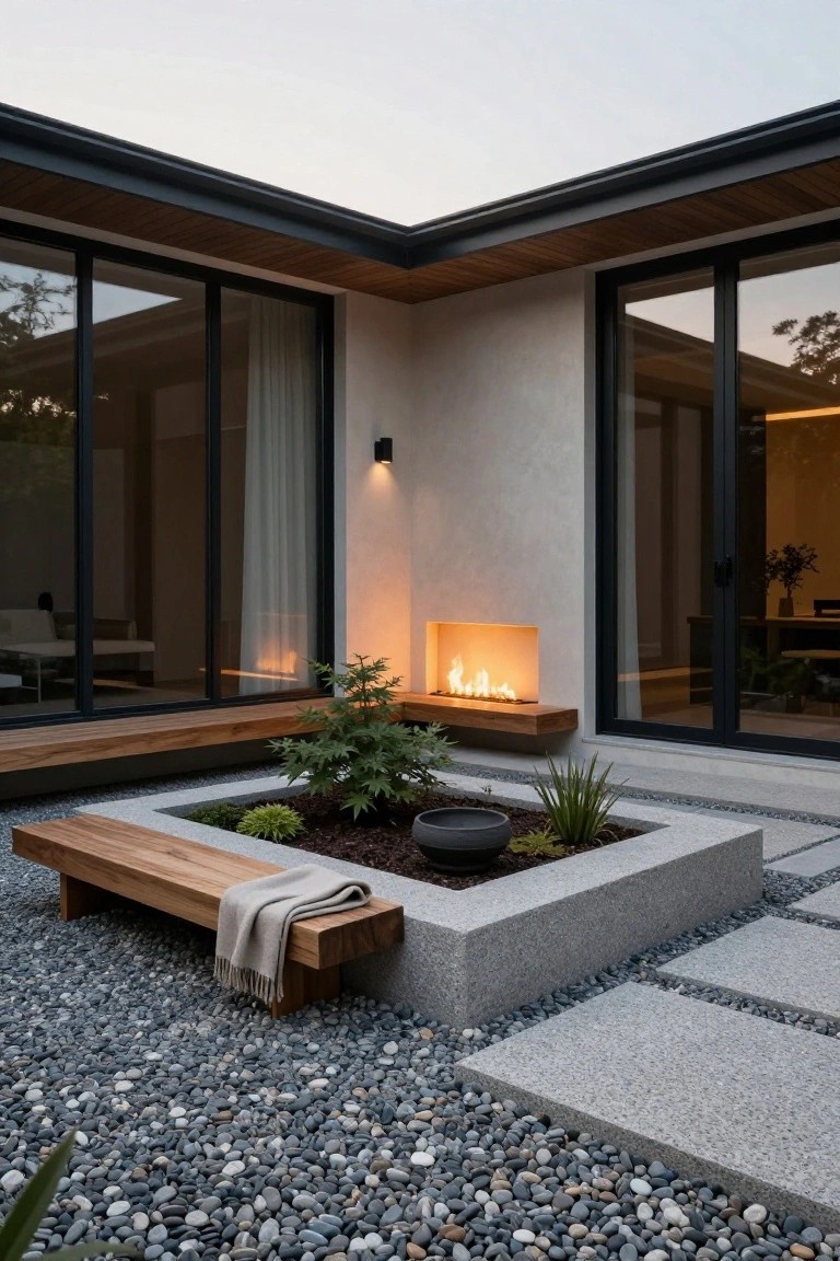 Corner terrace of modern house with beige walls, black glass sliding doors, linear fireplace in wall with yellow flames, wooden bench on raised concrete planter box containing plants and pots, surrounded by gravel and gray stone pavers.