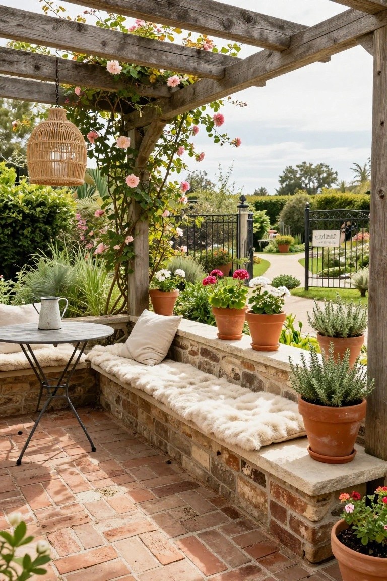 Wooden pergola covered in pink climbing roses over a terrace with built-in cushioned bench, small round metal table, milk jug, terracotta pots of flowers and herbs, brick floor, and view through black gate to garden path.