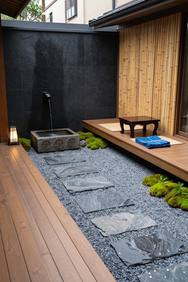 Wooden terrace with low table, cushions, and stone water basin with running water against dark tiled wall, gravel yard with irregular dark slate stepping stones, bamboo screens, and moss patches.