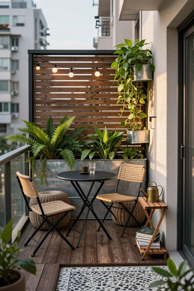 A small balcony terrace with wooden decking, black metal bistro table and two rattan chairs, wooden slat privacy screen with potted ferns and trailing plants, string lights, and city buildings in the background.