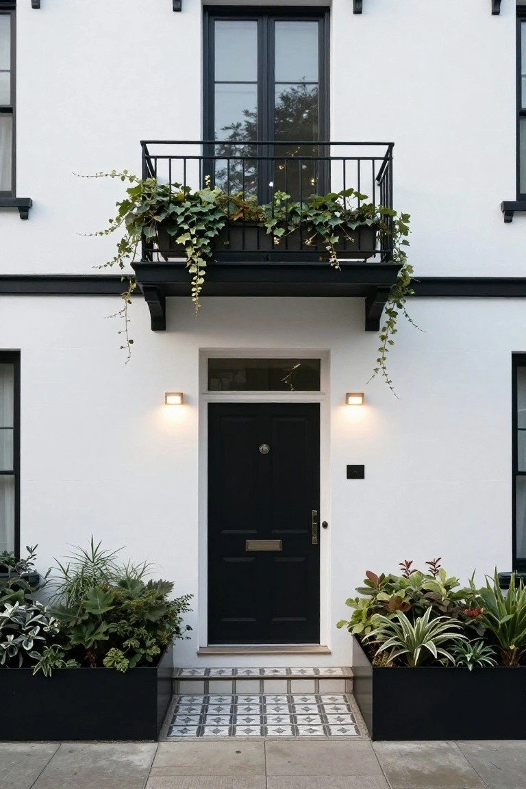 White house facade with centered black front door under transom, flanked by tall rectangular black planters filled with assorted green leafy plants, black iron balcony with ivy planter above, brass wall lights, and checkered tile entry steps.