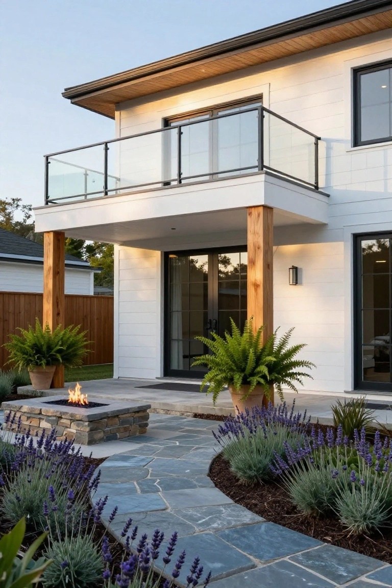 Modern white board-and-batten house exterior with glass balcony, wood support posts, black-framed doors and windows, stone fire pit, potted ferns, and lavender plantings along a slate path.