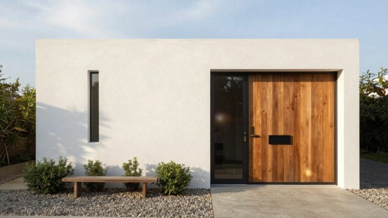 Corner view of a modern white stucco house exterior with a large vertical wooden sliding entry door in black frame and glass panel, brass door handle, black wall light and mailbox, wooden bench on concrete step with gravel ground cover and shrubs.