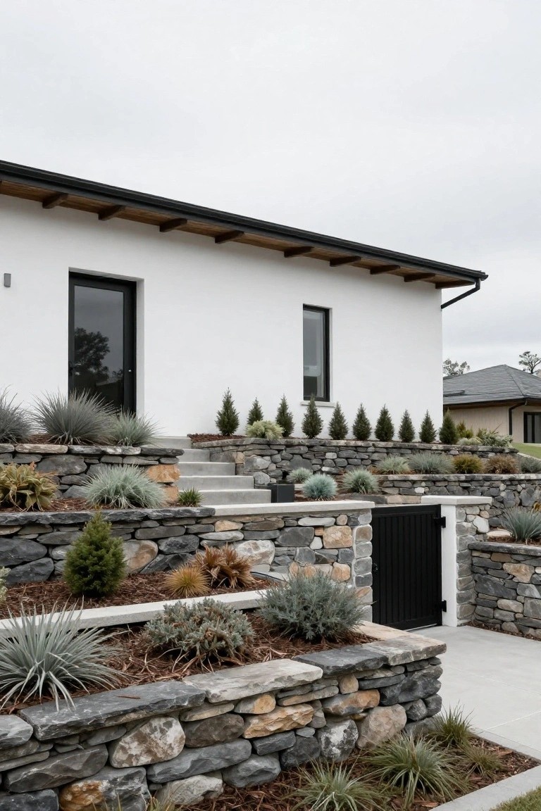 Modern white stucco house exterior with black-framed glass door and window, multi-tiered dry-stacked stone retaining walls planted with grasses and succulents, concrete steps, and a black metal gate.