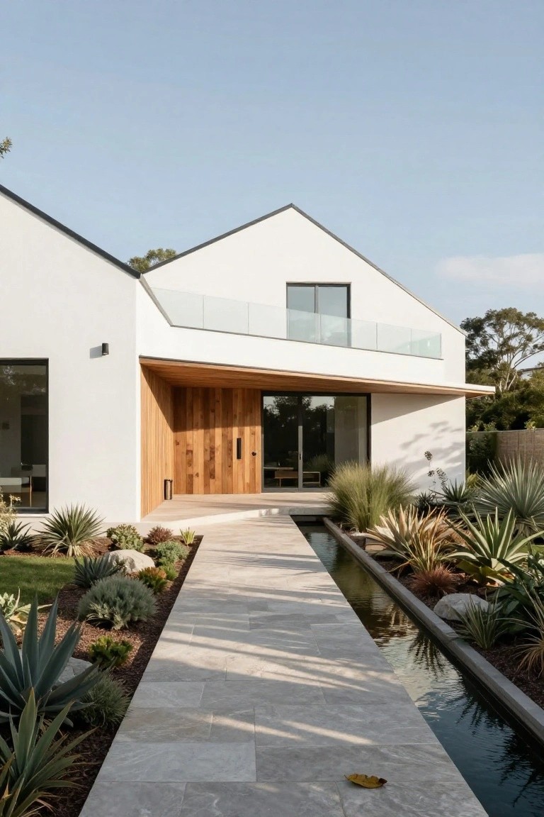 Modern white stucco house exterior with angular roofline, cantilevered wood-clad entryway featuring vertical slats and glass door, stone slab pathway beside narrow water channel, flanked by agave plants and succulents.