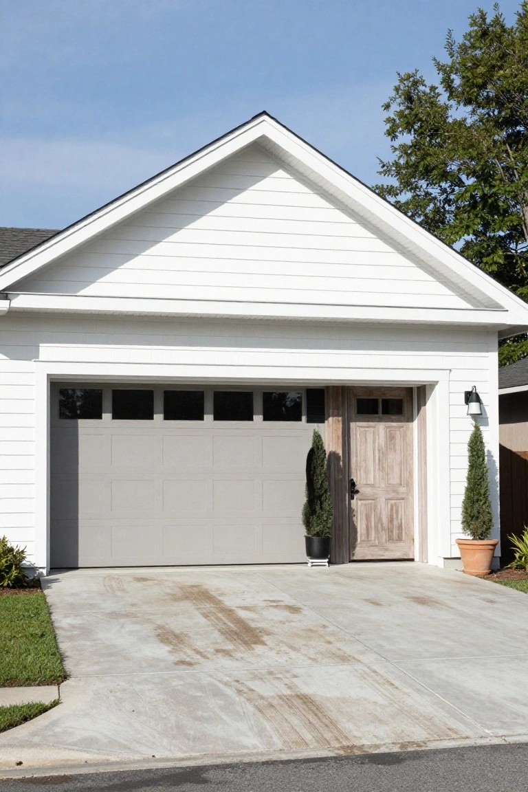 White board-and-batten house exterior with gabled roof, gray overhead garage door with four windows, weathered wood entry door, two potted arborvitae trees, and concrete driveway with tire marks.