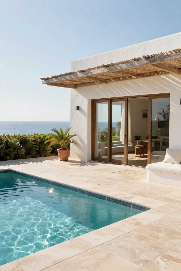 White stucco house exterior with wooden slat pergola overhang, large wooden-framed sliding glass doors opening to a turquoise pool on tiled terrace, overlooking ocean and greenery.