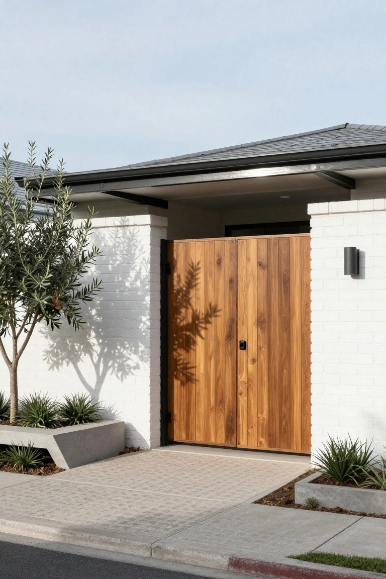 Modern house exterior entry with tall wooden double gates in vertical slats between white brick pillars, olive tree casting shadow on wall, concrete planters with succulents, and paved pathway leading to street.