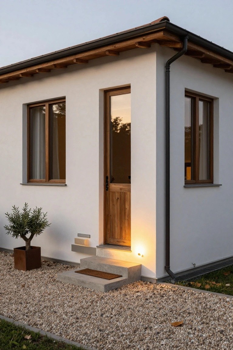 Small single-story white stucco house with wooden front door, wooden window frames, terracotta tile roof, downspout, potted olive tree, concrete steps, and gravel path at dusk.