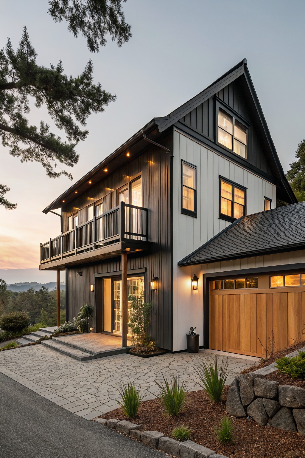 Two-story house exterior with black vertical siding on the left side including garage and balcony, white siding on the right side, dark roof, wood garage door, steps to entry, and landscaped yard at dusk.